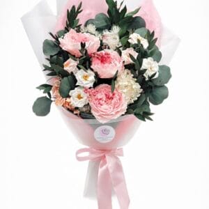 Blush garden preserved bouquet with blush roses, hydrangea, berries, and greenery