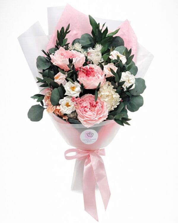 Blush garden preserved bouquet with blush roses, hydrangea, berries, and greenery