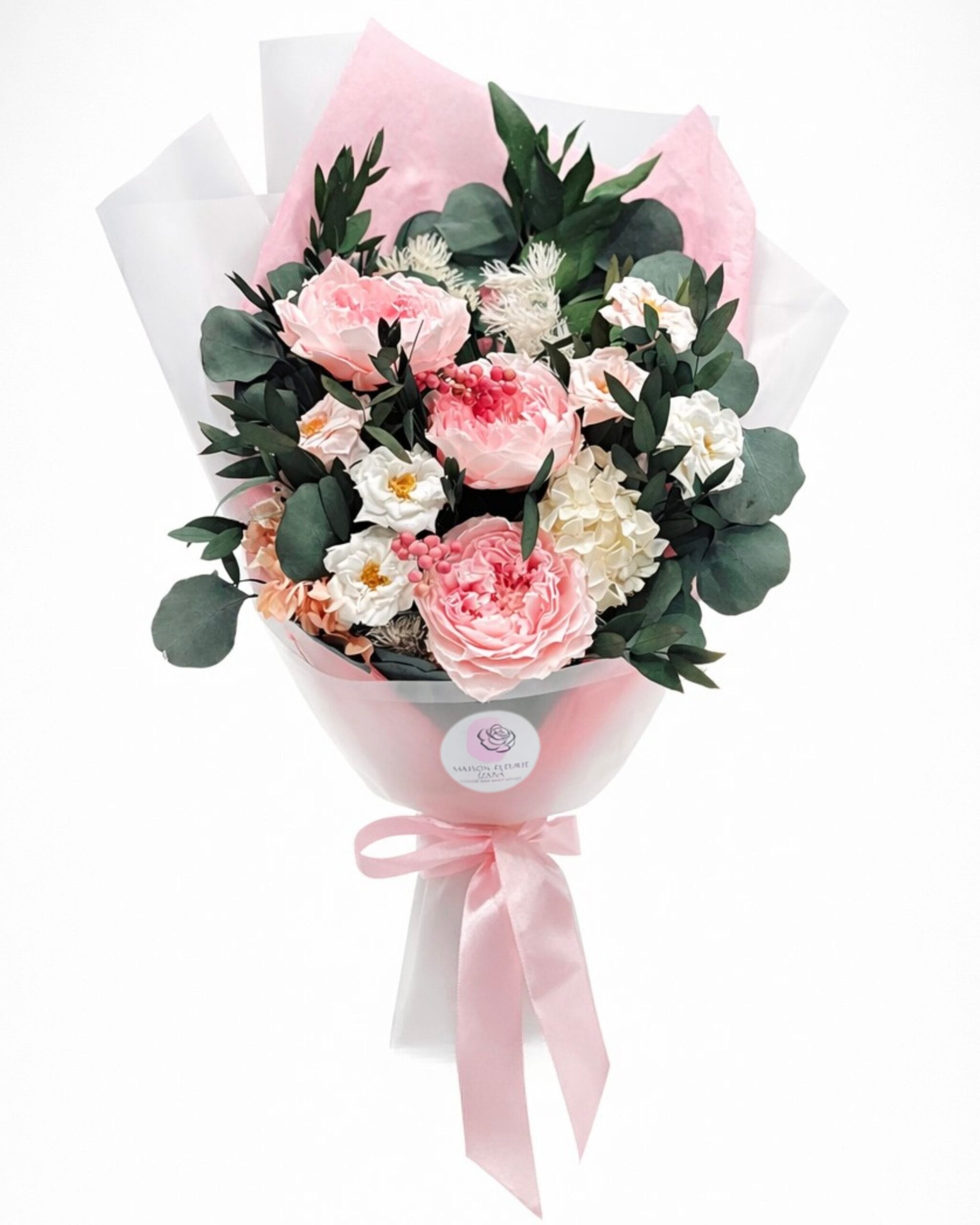 Blush garden preserved bouquet with blush roses, hydrangea, berries, and greenery