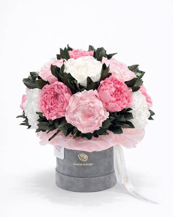 Peony Cloud preserved floral arrangement with blush and ivory peony-style flowers in a Maison Fleurie hat box